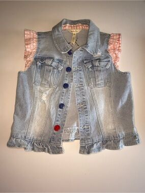 Matilda Jane Light Blue Denim Vest with Pink Gingham Ruffles NWT